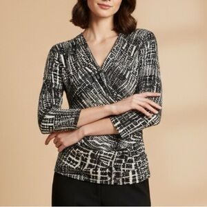 MAX MARA Black White Abstract Crackle Print Faux Wrap Surplice Draped Blouse Top